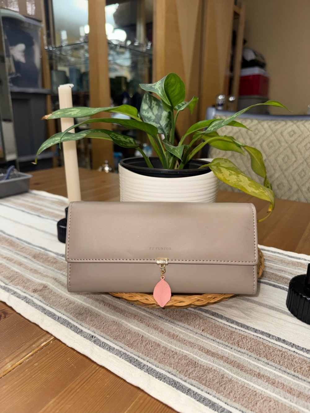 Neutral Taupe Wallet with Pink Leaf Charm
